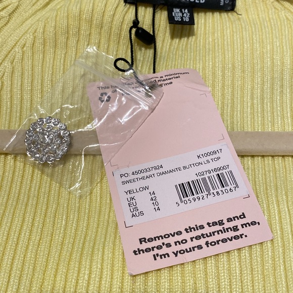NWT Missguided / Fun Sweetheart Diamante Button LS Sweater Top. Yellow. Knit. - Picture 8 of 12